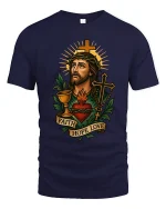 Faith Hope Love Sacred Heart Jesus Christian Art Graphic Tee - navy t-shirt on white background