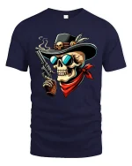 Wild West Skull Gunslinger Cowboy Illustration Bold Graphic Tee - navy t-shirt on white background
