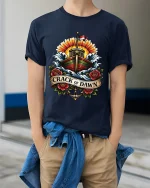 Crack of Dawn Nautical Ship Art Tee Bold Vintage Ocean Style - model wearing navy tee with hands in pockets