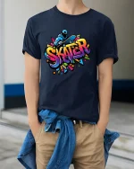 Colorful Urban Skater Graffiti Style Street Art Graphic Tee - model wearing navy tee with hands in pockets