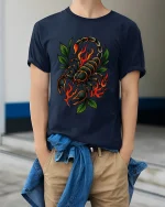 Flaming Scorpion Graphic Tee Bold Fire Tattoo Style Art - model wearing navy tee with hands in pockets