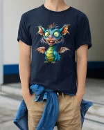 Cute Crazy Dragon Cartoon Graphic Tee Playful Fantasy Art Style - model wearing navy tee with hands in pockets