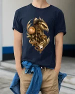 Majestic Hawk Warrior Graphic Tee Ancient Mythic Art Style - model wearing navy tee with hands in pockets
