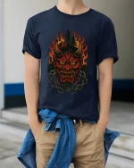 Flaming Oni Forest Mask Tee Dark Spirit Fire Art Design - model wearing navy tee with hands in pockets