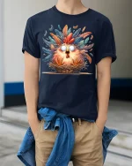 Funny Shocked Chicken In Basket Graphic Tee Colorful Feather Art - model wearing navy tee with hands in pockets