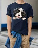 Cute Fluffy Puppy Peekaboo Graphic Tee Adorable Dog Lover Art - model wearing navy tee with hands in pockets