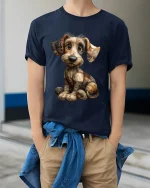 Cute Patchwork Puppy Art Tee Adorable Handmade Style Illustration - model wearing navy tee with hands in pockets