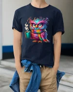 Sleepy Owl Coffee Morning Mood Graphic Tee Cozy Colorful Art - model wearing navy tee with hands in pockets