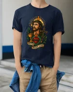 Faith Hope Love Sacred Heart Jesus Christian Art Graphic Tee - model wearing navy tee with hands in pockets