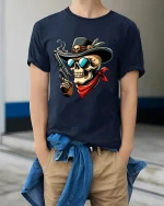 Wild West Skull Gunslinger Cowboy Illustration Bold Graphic Tee - model wearing navy tee with hands in pockets