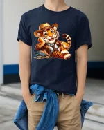 Charming Gentleman Tiger Relaxed Vintage Cartoon Art Tee - model wearing navy tee with hands in pockets
