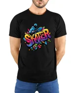 Colorful Urban Skater Graffiti Style Street Art Graphic Tee - model wearing black tee with hands behind back