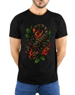 Flaming Scorpion Graphic Tee Bold Fire Tattoo Style Art - model wearing black tee with hands behind back