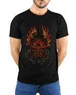 Flaming Oni Forest Mask Tee Dark Spirit Fire Art Design - model wearing black tee with hands behind back