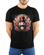 Steampunk White Rabbit Graphic Tee Vintage Clock Fantasy Art - model wearing black tee with hands behind back
