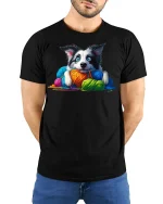 Cute Puppy With Colorful Yarn Graphic Tee Cozy Fun Art Style - model wearing black tee with hands behind back