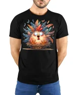 Funny Shocked Chicken In Basket Graphic Tee Colorful Feather Art - model wearing black tee with hands behind back