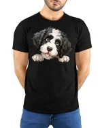 Cute Fluffy Puppy Peekaboo Graphic Tee Adorable Dog Lover Art - model wearing black tee with hands behind back