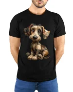 Cute Patchwork Puppy Art Tee Adorable Handmade Style Illustration - model wearing black tee with hands behind back