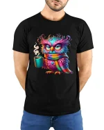Sleepy Owl Coffee Morning Mood Graphic Tee Cozy Colorful Art - model wearing black tee with hands behind back