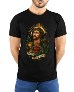 Faith Hope Love Sacred Heart Jesus Christian Art Graphic Tee - model wearing black tee with hands behind back