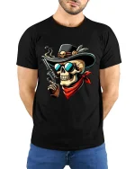 Wild West Skull Gunslinger Cowboy Illustration Bold Graphic Tee - model wearing black tee with hands behind back