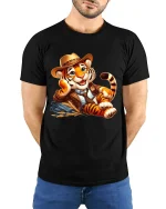 Charming Gentleman Tiger Relaxed Vintage Cartoon Art Tee - model wearing black tee with hands behind back