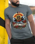 Crack of Dawn Nautical Ship Art Tee Bold Vintage Ocean Style - model wearing grey tee, leaning on column
