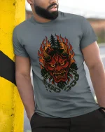 Flaming Oni Forest Mask Tee Dark Spirit Fire Art Design - model wearing grey tee, leaning on column