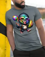 Funny Colorful Monkey Graphic Tee With Banana And Party Vibes - model wearing grey tee, leaning on column