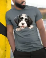 Cute Fluffy Puppy Peekaboo Graphic Tee Adorable Dog Lover Art - model wearing grey tee, leaning on column