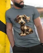 Cute Patchwork Puppy Art Tee Adorable Handmade Style Illustration - model wearing grey tee, leaning on column