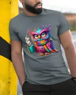 Sleepy Owl Coffee Morning Mood Graphic Tee Cozy Colorful Art - model wearing grey tee, leaning on column