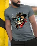 Wild West Skull Gunslinger Cowboy Illustration Bold Graphic Tee - model wearing grey tee, leaning on column