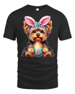 Cute Bunny Puppy Holding Colorful Egg Graphic T Shirt Sweet Art Tee - black t-shirt on white background