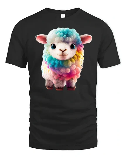 Cute Rainbow Lamb Graphic T Shirt Adorable Colorful Animal Art Tee - black t-shirt on white background