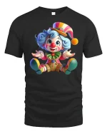 Cute Colorful Cartoon Clown Graphic T Shirt Funny Circus Art Tee - black t-shirt on white background
