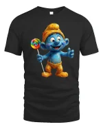 Cute Blue Cartoon Character With Lollipop Graphic T Shirt Fun Tee - black t-shirt on white background