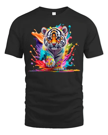 Colorful Tiger Splash Art Graphic T Shirt Powerful Animal Tee - black t-shirt on white background