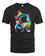 Colorful Headphones Splash Art Graphic T Shirt Music Lover Tee - black t-shirt on white background