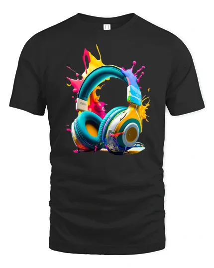 Colorful Headphones Splash Art Graphic T Shirt Music Lover Tee - black t-shirt on white background