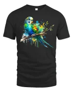 Colorful Parrot Splash Art Graphic T Shirt Vibrant Bird Tee - black t-shirt on white background