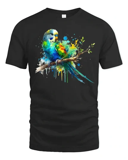 Colorful Parrot Splash Art Graphic T Shirt Vibrant Bird Tee - black t-shirt on white background