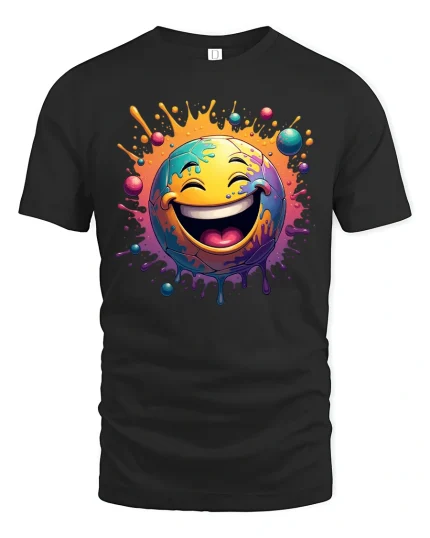Color Splash Laughing Emoji Graphic T Shirt Funny Smiley Art Tee - black t-shirt on white background