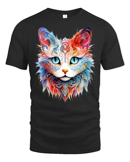 Colorful Mandala Cat Face Graphic T Shirt Artistic Animal Art Tee - black t-shirt on white background