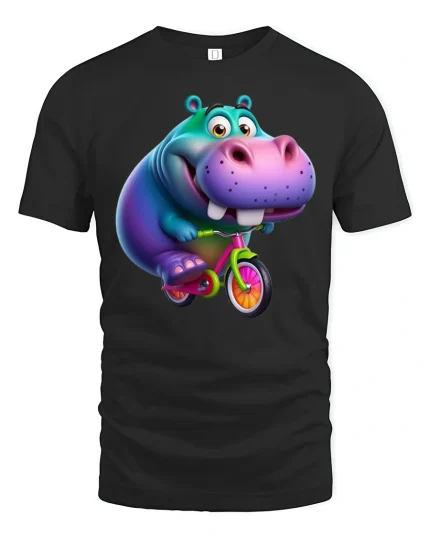 Funny Cartoon Hippo Riding Bicycle Graphic T Shirt Cute Art Tee - black t-shirt on white background