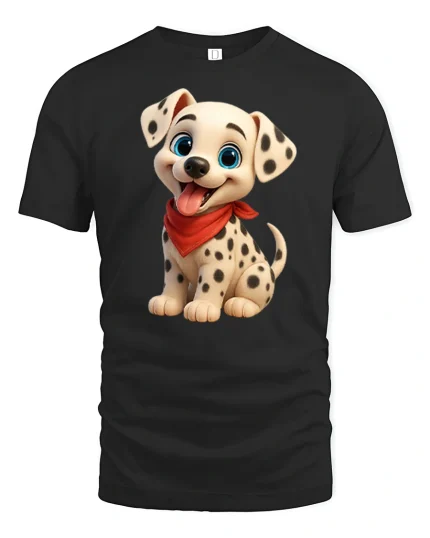 Cute Dalmatian Puppy Cartoon Graphic T Shirt Adorable Dog Art Tee - black t-shirt on white background
