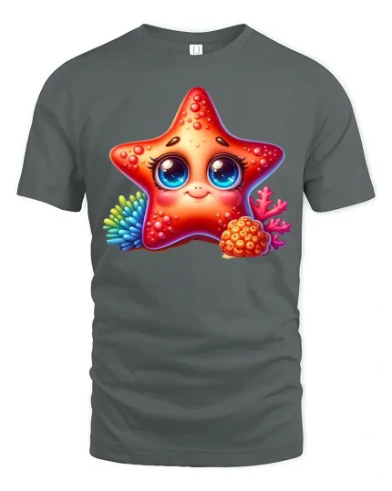 Cute Starfish Smile Graphic T Shirt Ocean Cartoon Art Tee Gift - gray t-shirt on white background