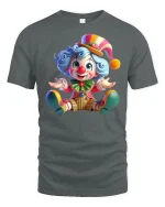 Cute Colorful Cartoon Clown Graphic T Shirt Funny Circus Art Tee - gray t-shirt on white background