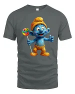 Cute Blue Cartoon Character With Lollipop Graphic T Shirt Fun Tee - gray t-shirt on white background